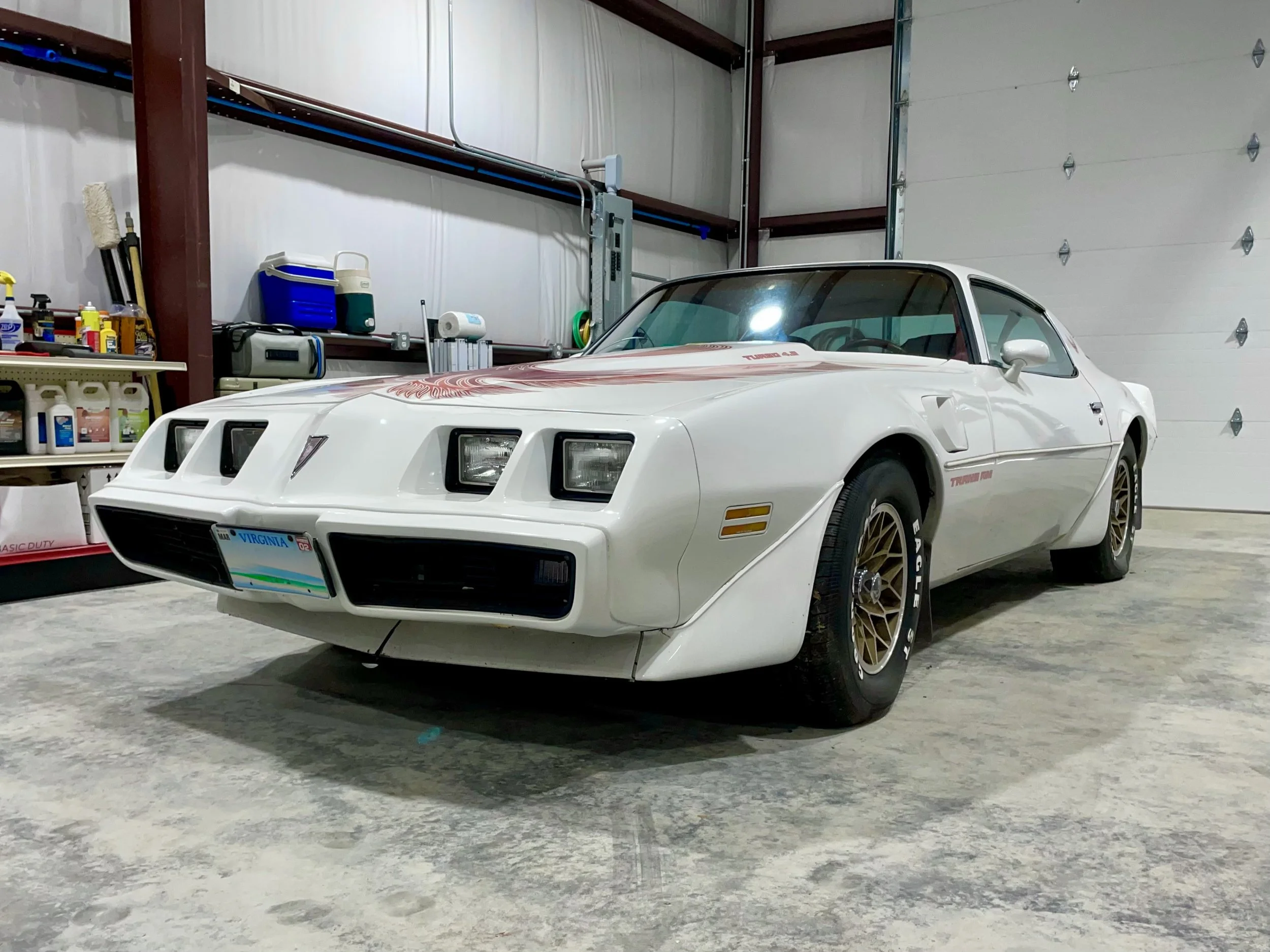 A white sports car with gold rims parked inside a garage with cleaning supplies and tools on shelves to the left. The car has a Virginia license plate and red decals on the hood and side.