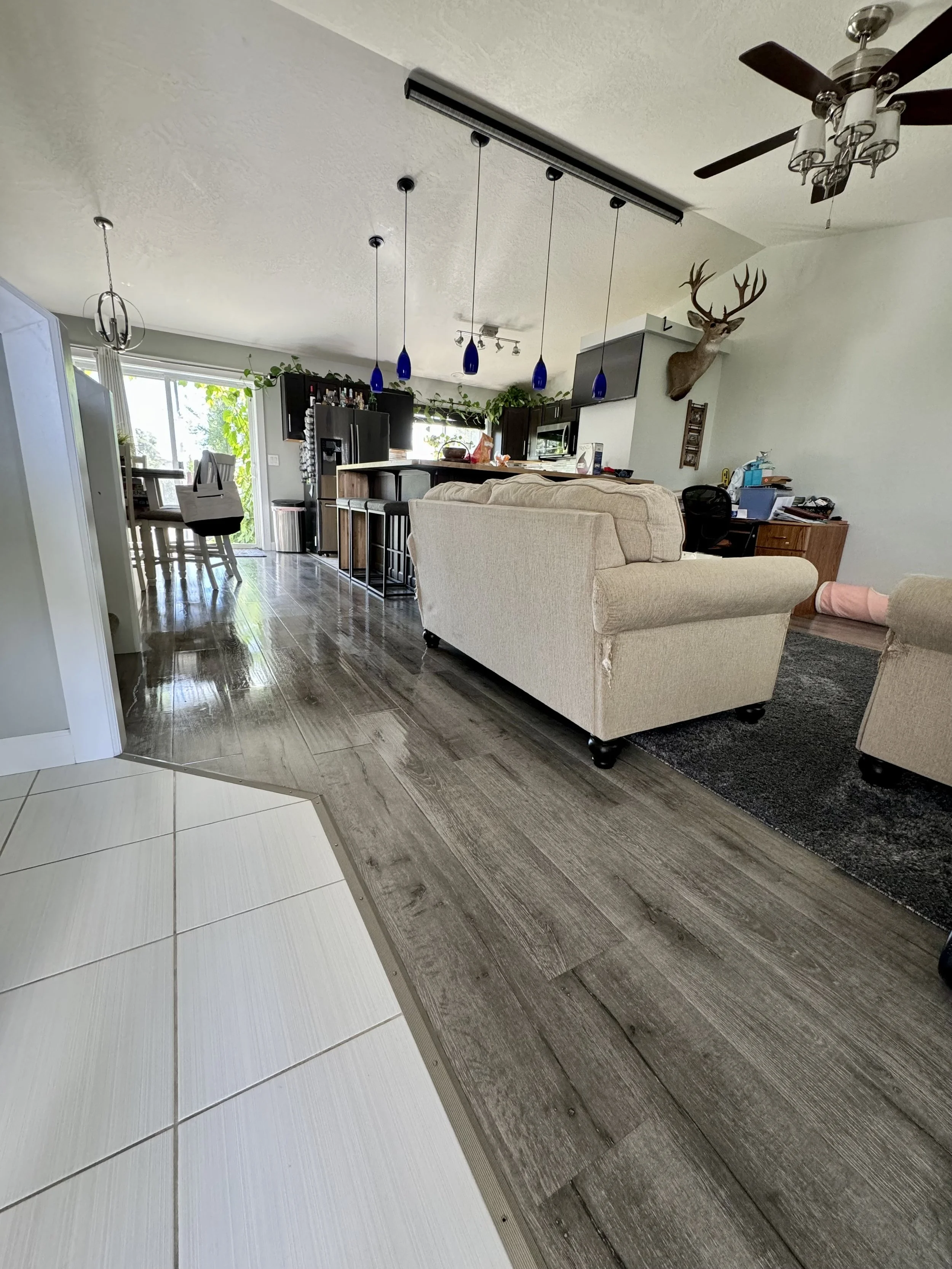 Interior of a living space with a beige couch, dark wood kitchen cabinets, a dining table with chairs near sliding glass doors, and various decorations including a mounted deer head on the wall.