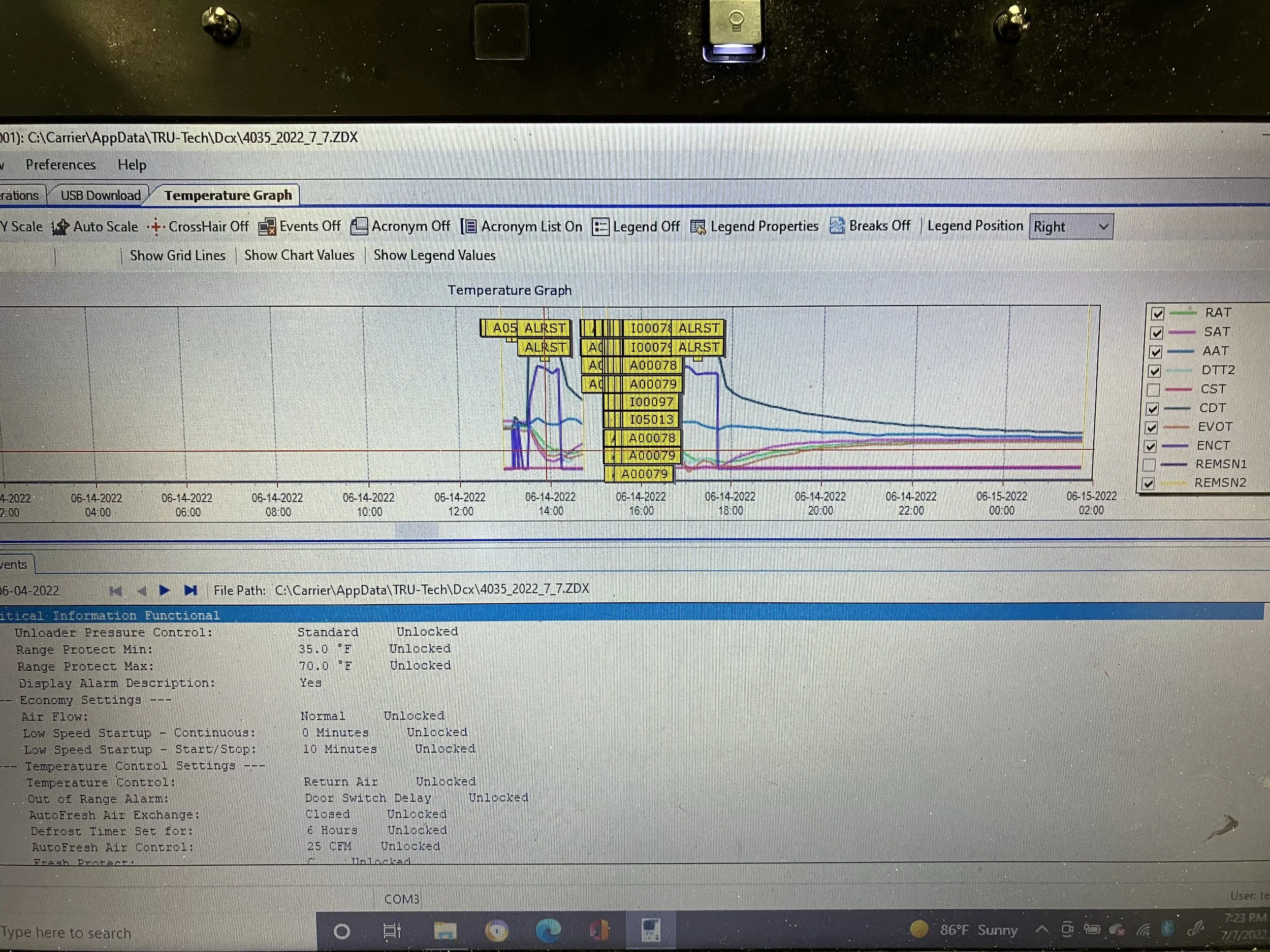 A computer screen displaying a temperature graph with various colored lines and labels, and monitoring data such as engine temperature and system status.