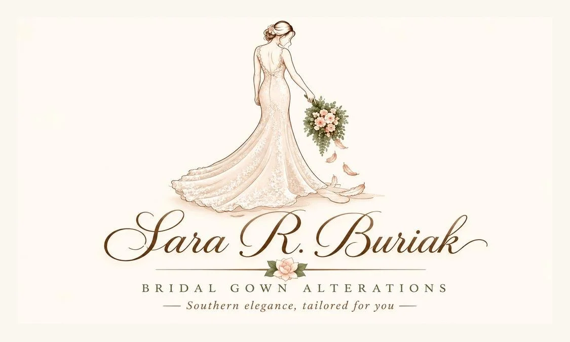 Southern Elegance Alterations by Sara logo featuring a bride in a wedding gown holding a bouquet.