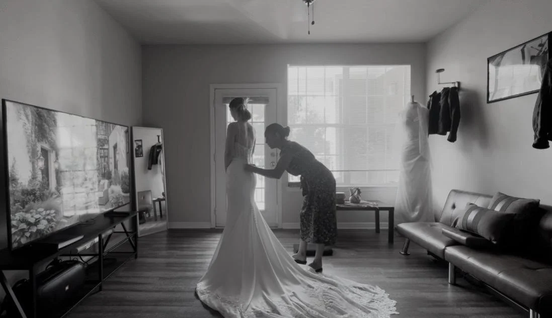 Bride receiving professional wedding gown bustle alteration during a fitting appointment.