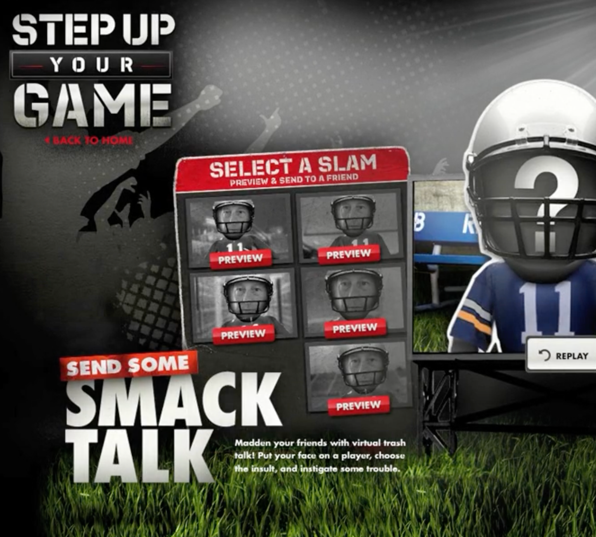 Screen from the Smack Talk microsite: a "Select a Slam" panel of six helmeted player previews beside a football player with a question mark on his helmet.