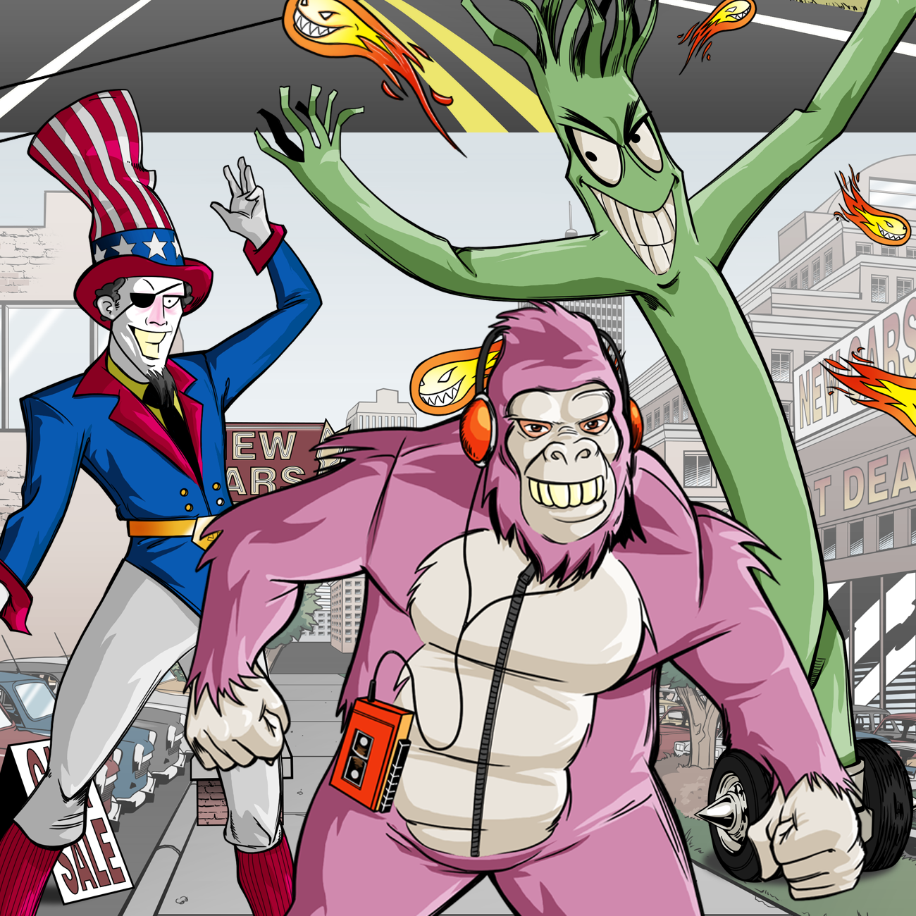 Cartoon characters on a city car-dealership street: Uncle Sam with an eye patch, a green inflatable tube man, and a pink gorilla in headphones carrying an orange cassette player.