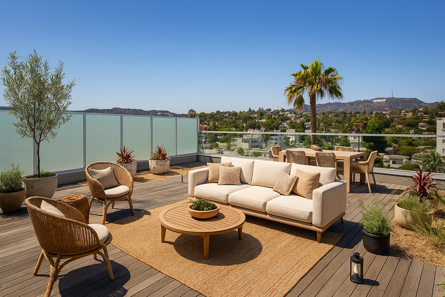 Rooftop patio with outdoor seating, including a white sofa with pillows, wicker chairs, and a round coffee table, against a backdrop of a cityscape with trees and hills under a clear blue sky.