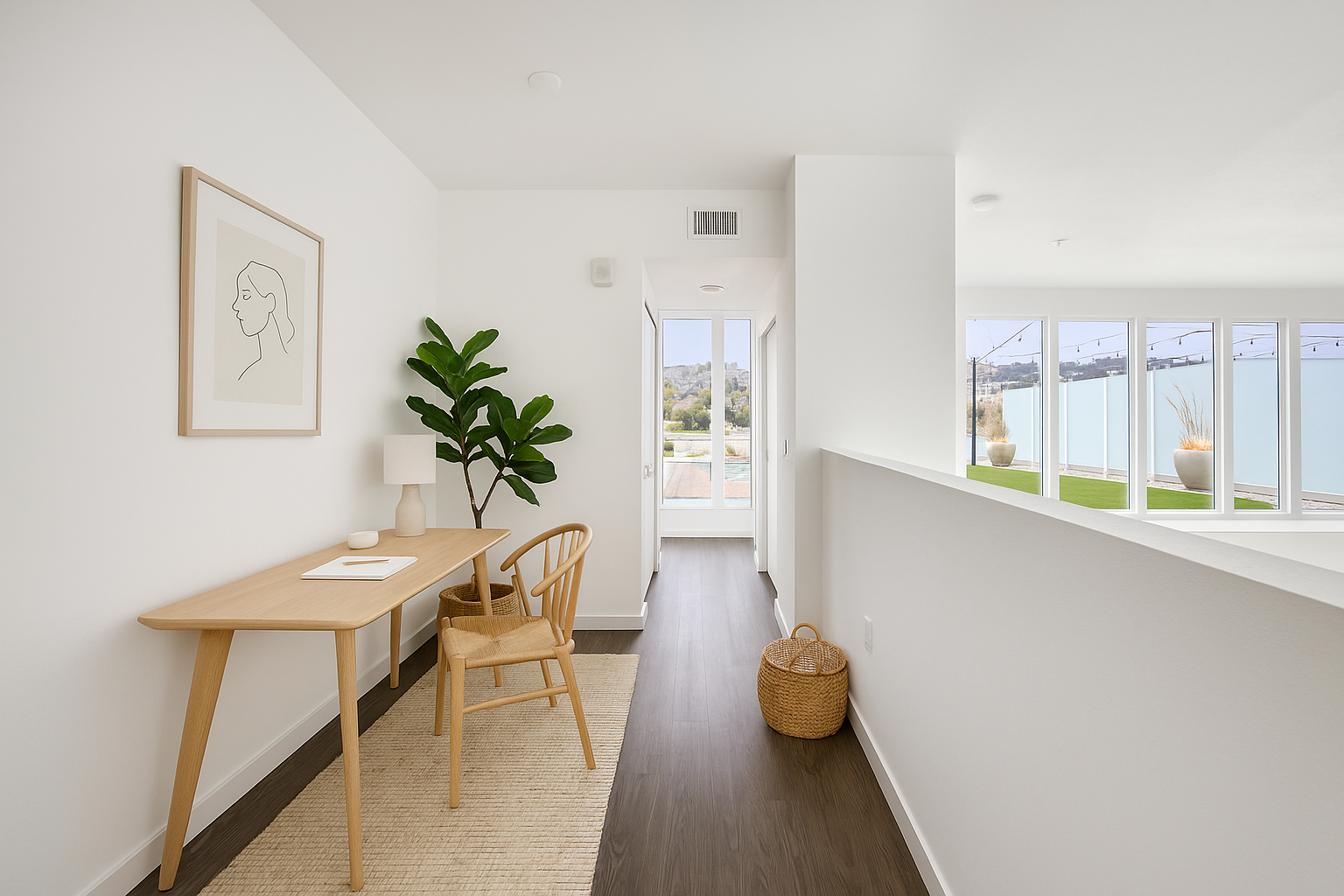 Minimalist interior with a light wood desk, a woven chair, a potted plant, a table lamp, artwork of a woman's outline, and a view of large window with potted plants outside.