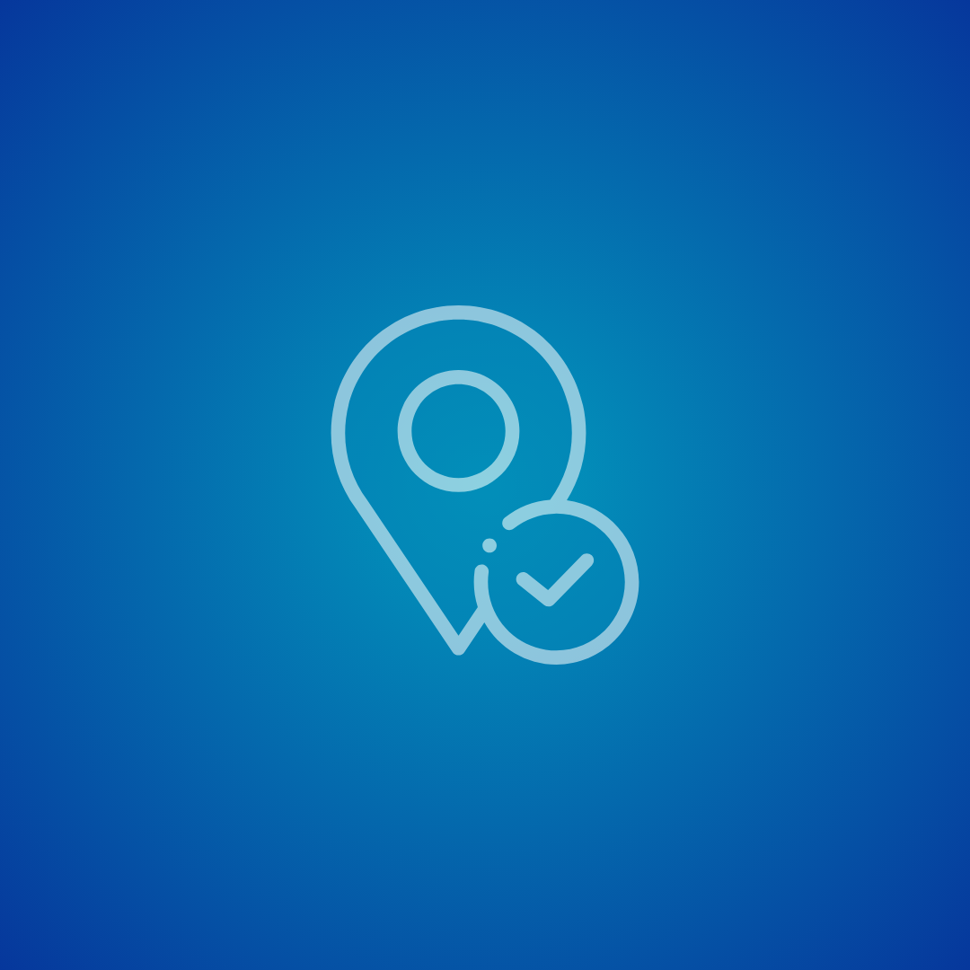 Map pin icon with a checkmark inside a circle on a blue background.