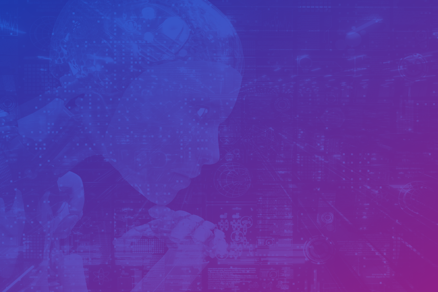 A digital artwork of a human profile made up of blue and purple digital elements and symbols, with a futuristic tech-themed background.