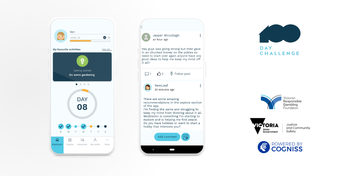 Screenshots of a mobile app dashboard and a social media post, with logos of the Day Challenge, Victorian Responsible Gambling Foundation, Victoria State Government, and Powered by Cogniss.