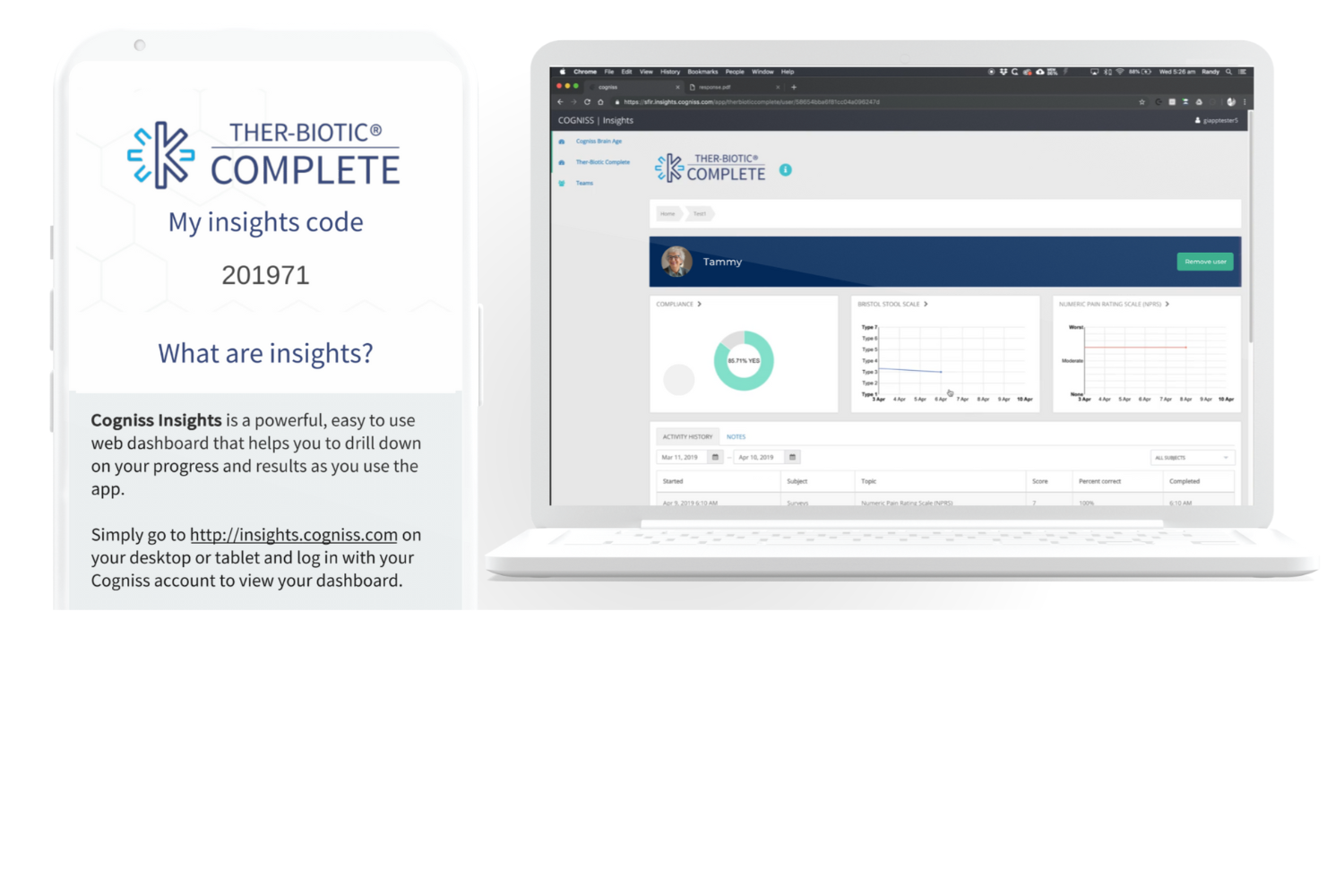 Ther-Biotic Complete app with its Cogniss Insights dashboard overview. The app supports daily check-ins, while the dashboard tracks compliance, symptoms, and progress, enabling practitioners to analyze real-time data for remote patient monitoring.