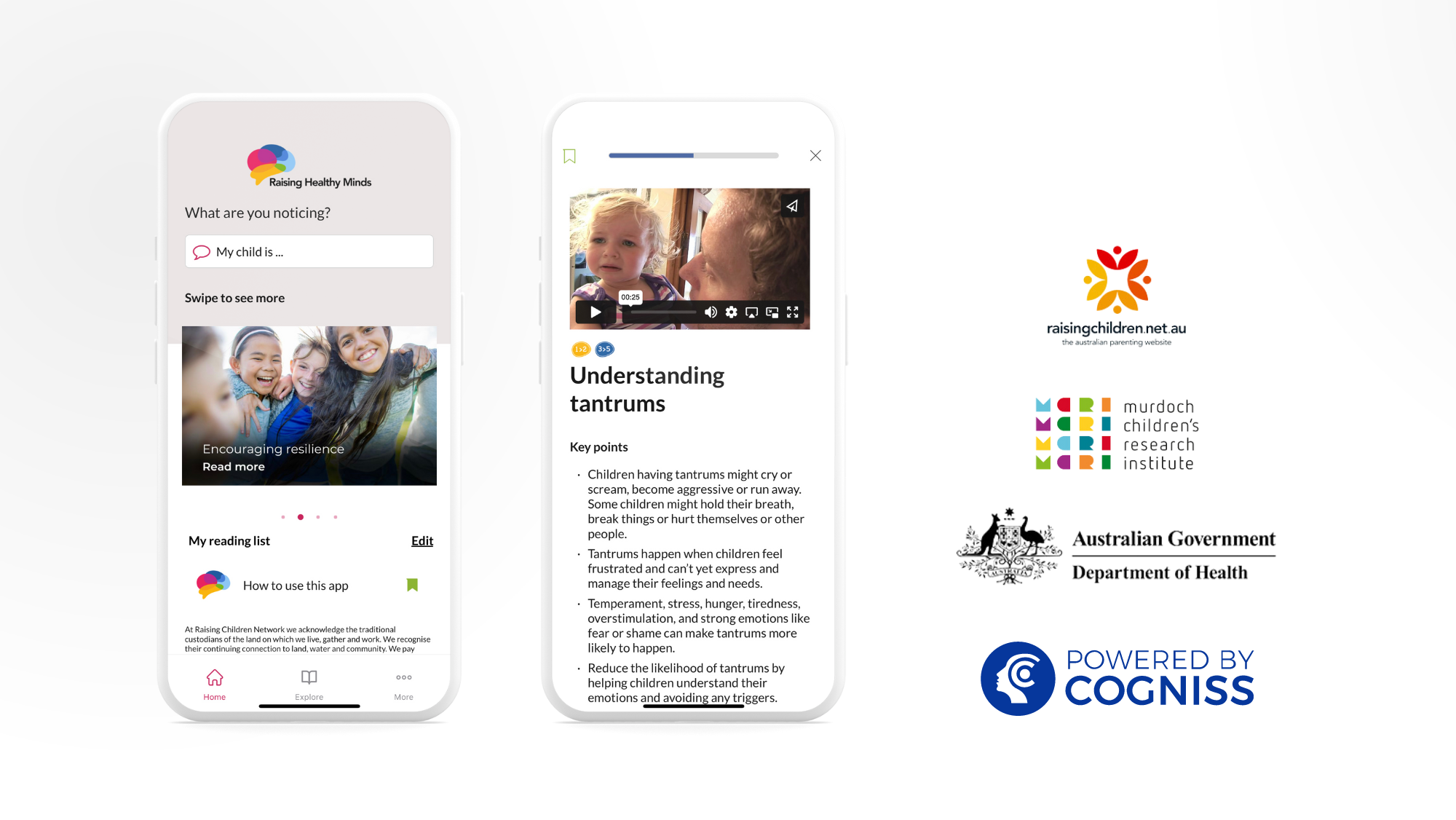 Screenshot of a parenting website with app interface showing a video on tantrums and a section on resilience with images of happy children, logos of Raising Children Network, Murdoch Children's Research Institute, and the Australian Government Department of Health, and a login prompt at the bottom.