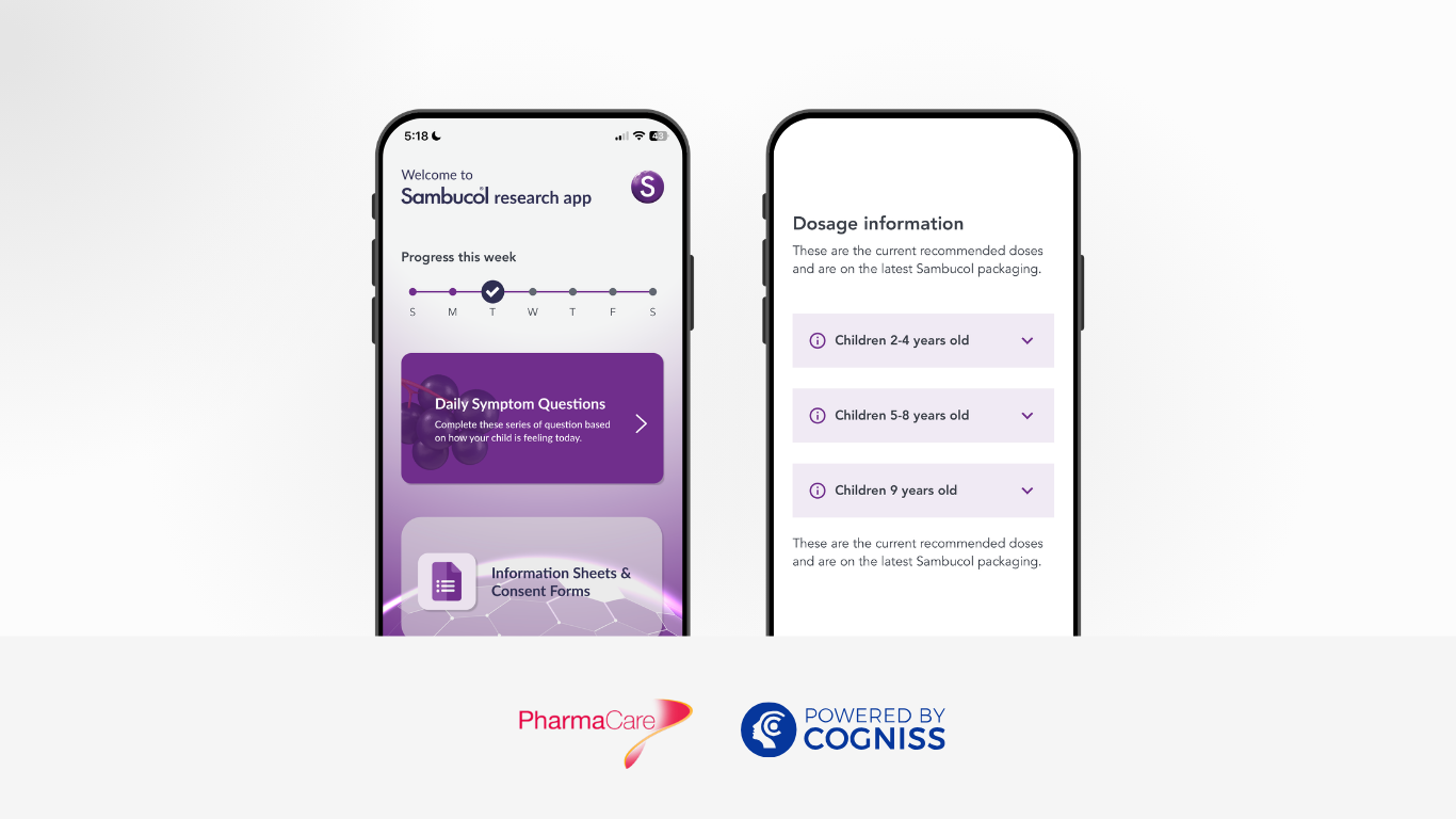 Screenshots of the Sambucol research app, used to gather real-world evidence on the efficacy of the product. Features include daily symptom tracking, dosage information, and participant screening. Developed by PharmaCare using Cogniss.