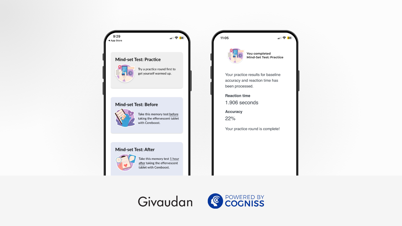 Mindset app by Givaudan, tracking the effects of a cognitive enhancement supplement on mental focus and attention through brain-training games. Features include practice tests and accuracy/reaction time tracking. Built using Cogniss.