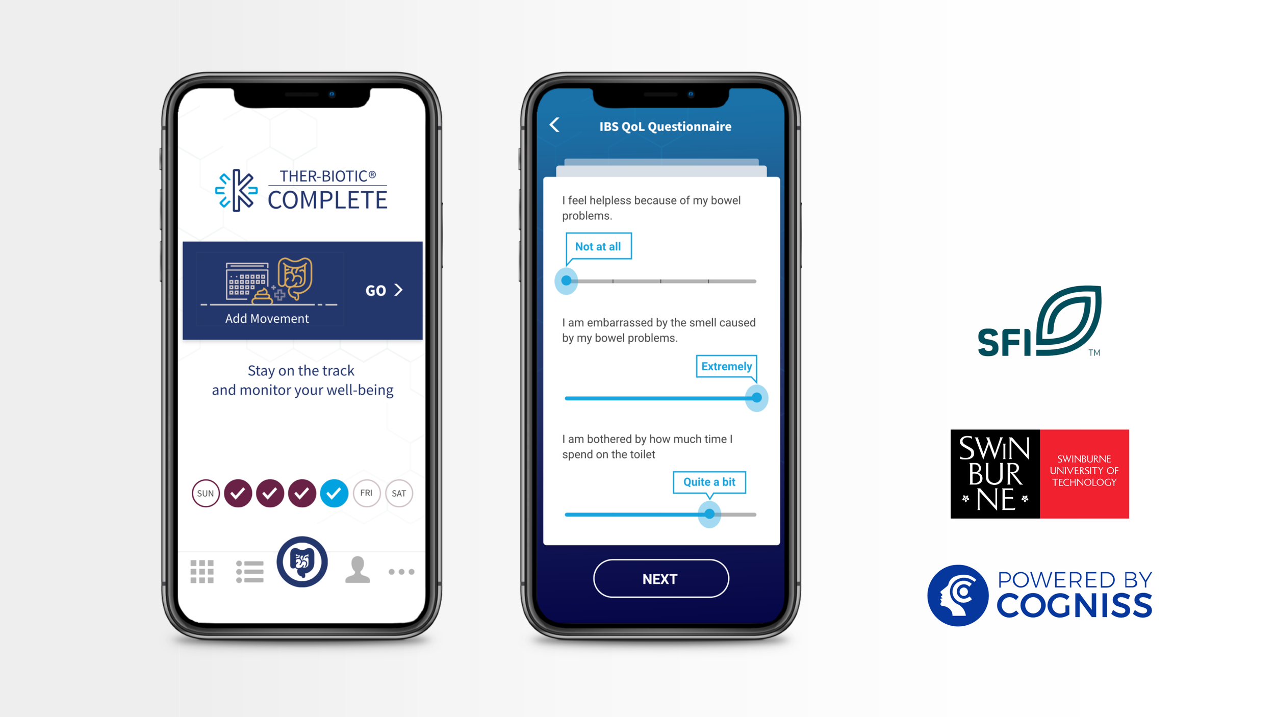 Two smartphones displaying health monitoring apps; one app shows a weekly activity calendar with checked days, the other shows a questionnaire about bowel problems with sliders for responses; logos of Swinburne University of Technology and COGNISS are also visible.