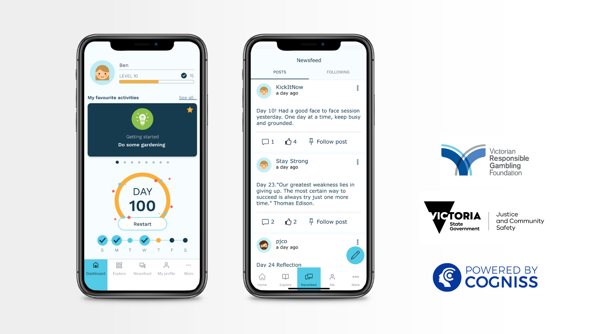 Two smartphones displaying an app interface related to daily activities and social feed, with logos of Victorian Responsible Gambling Foundation and Victoria State Government, and powered by Cogniss at the bottom.