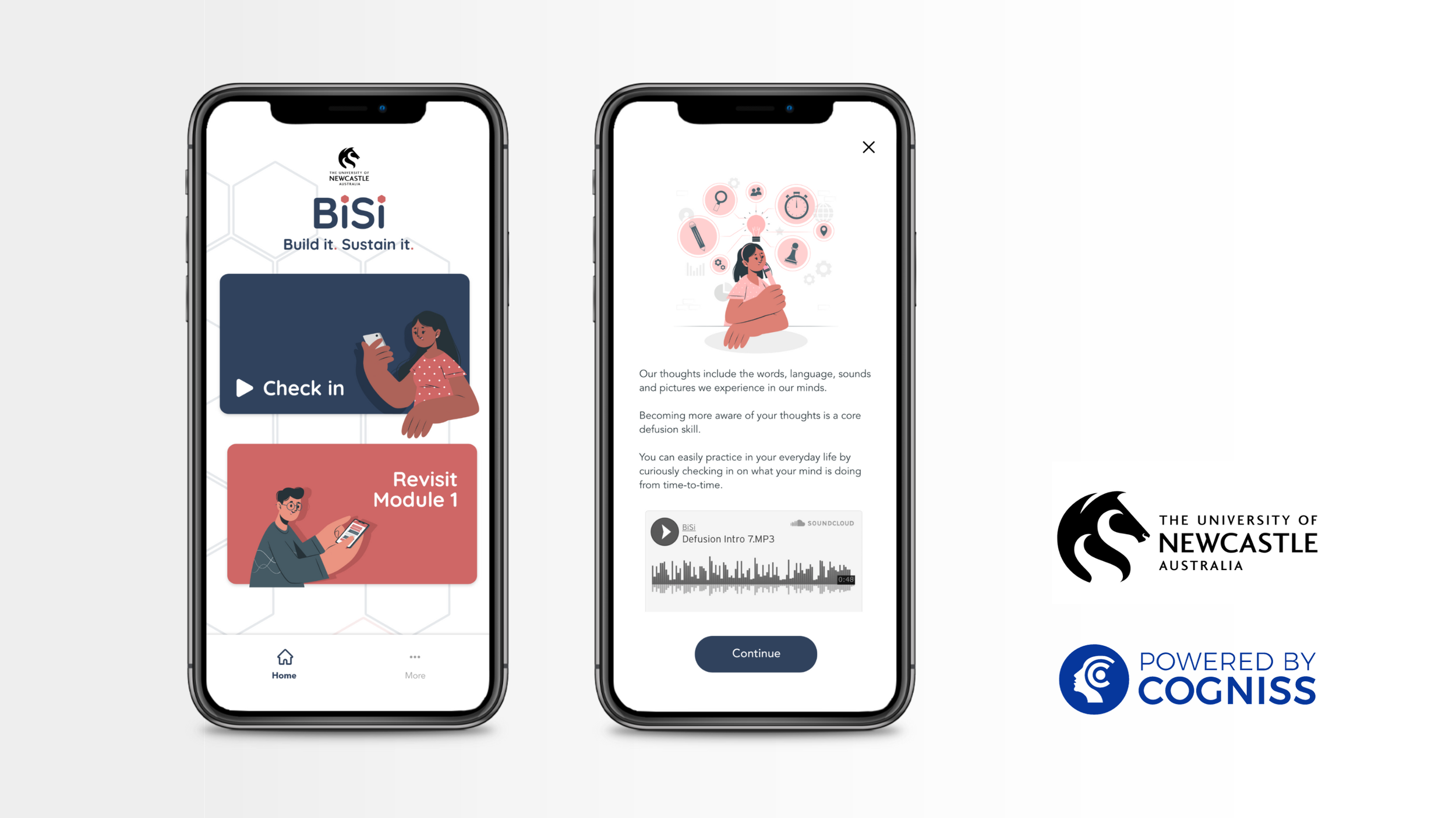 Two smartphones display an app interface with the logo of the University of Newcastle Australia and the name Bisi, featuring options to check in and revisit modules, with illustrations of people using mobile devices. The background includes a logo and text stating 'Powered by Cogniss'.