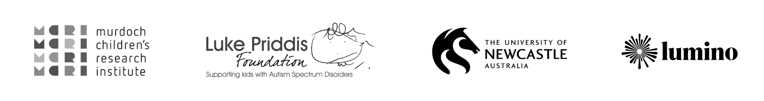 Logos of MCRI, Luke Priddis Foundation supporting kids with Autism Spectrum Disorders, and University of Newcastle Australia.