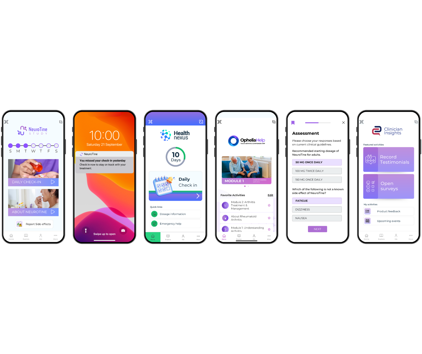 Screenshot of five mobile app interfaces related to health and wellness, featuring check-in, medication management, educational modules, assessments, and testimonials, with purple, white, and orange color schemes.