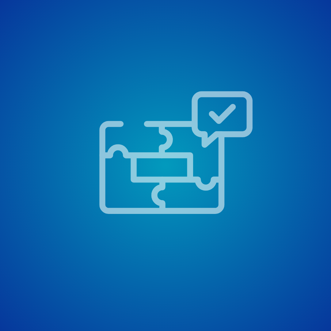 Outline of puzzle pieces with a speech bubble containing a checkmark