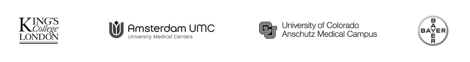 Logos of several pharmaceutical and medical institutions, including King's College London, Amsterdam UMC, University of Colorado, and Bayer.