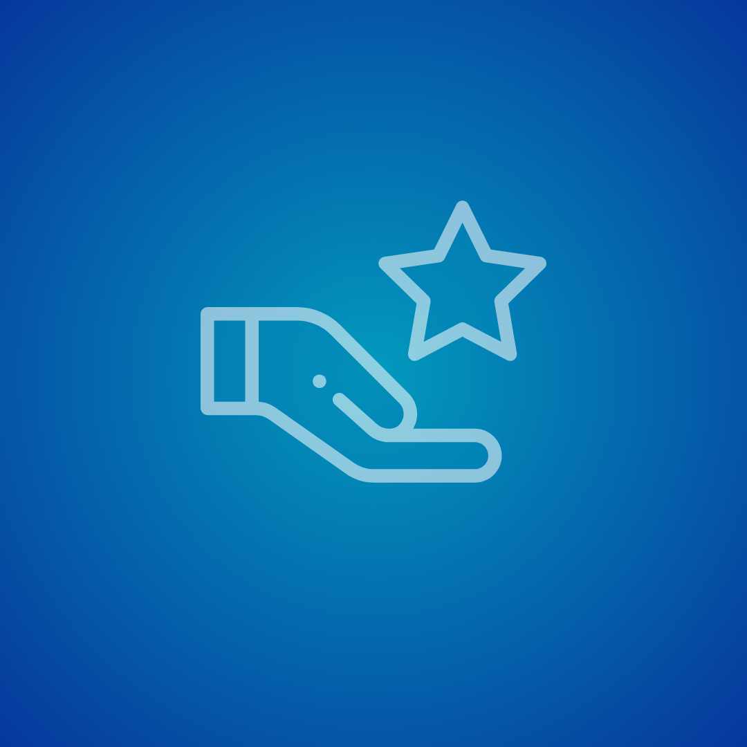 Outline icon of a hand with a star above it on a blue background.