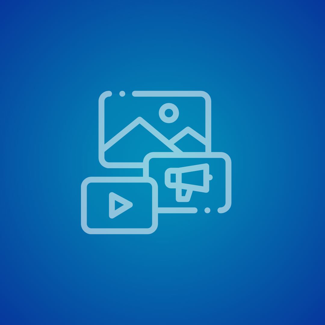 Icon of images and video play button on blue background.