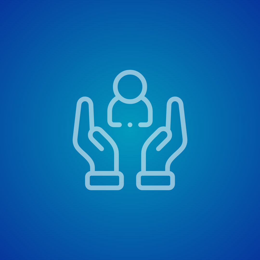 Outline icon of a person held between two open hands on a blue gradient background.