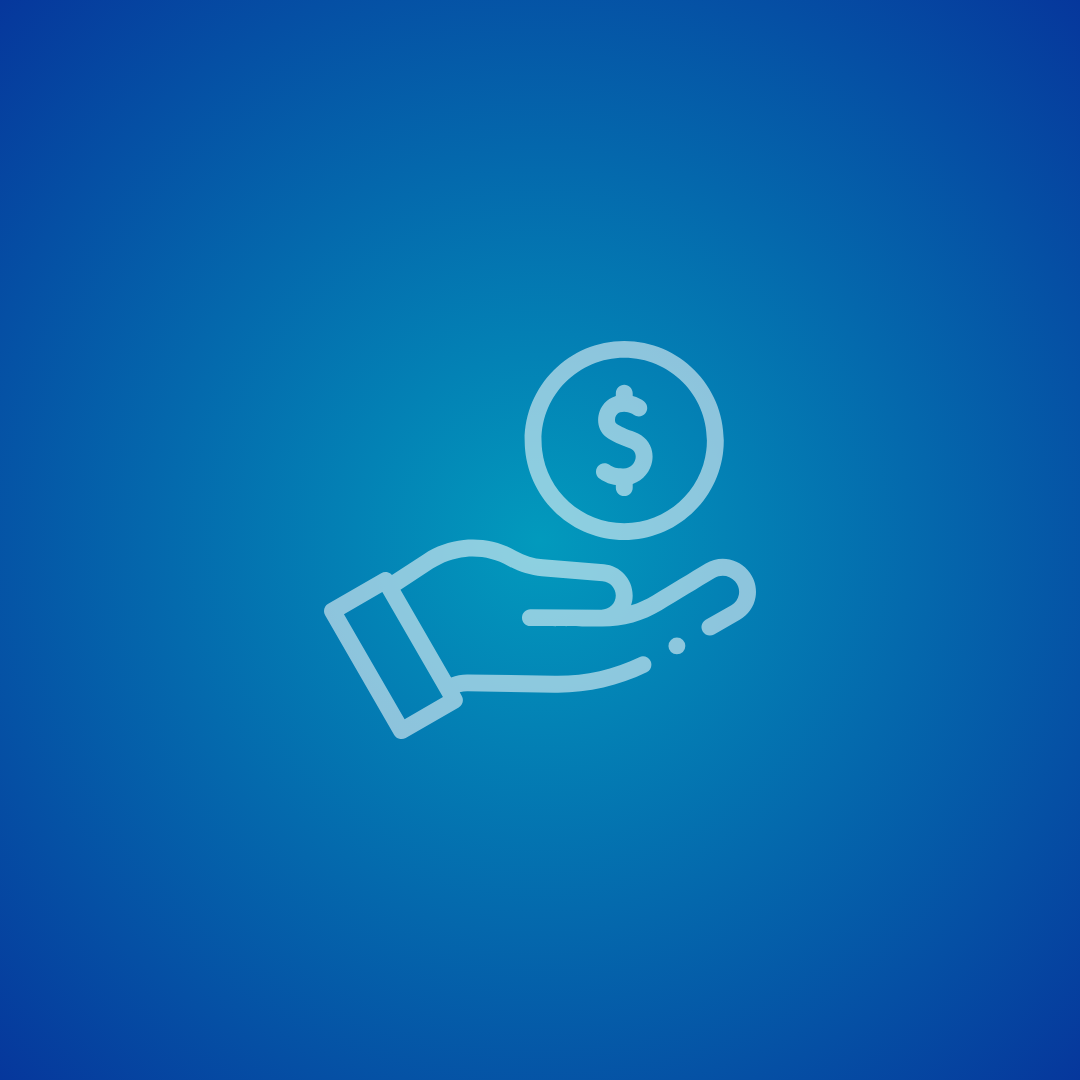 Outline of a hand holding a coin with a dollar sign on it, on a blue background.