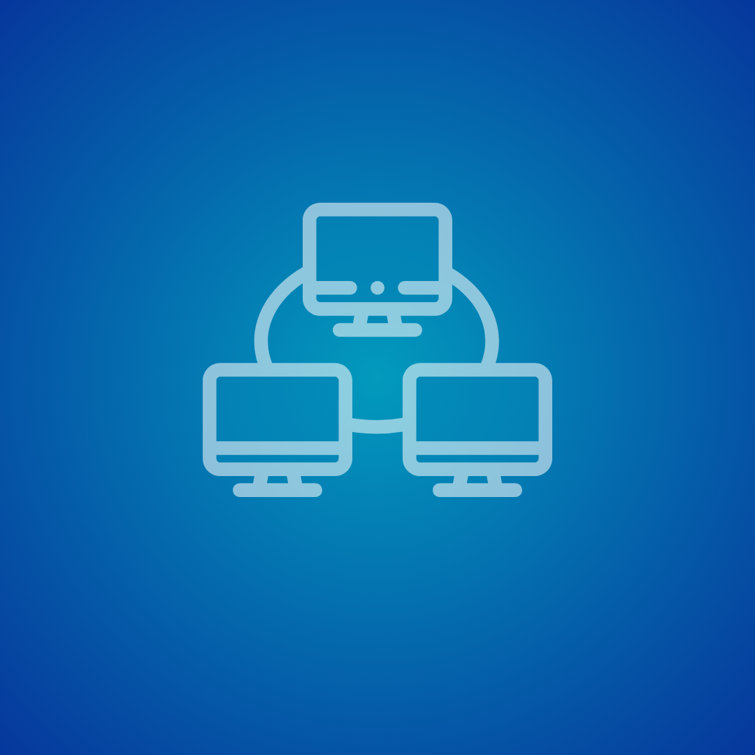 Icon of a computer connected to two other computers, representing a network or connection.