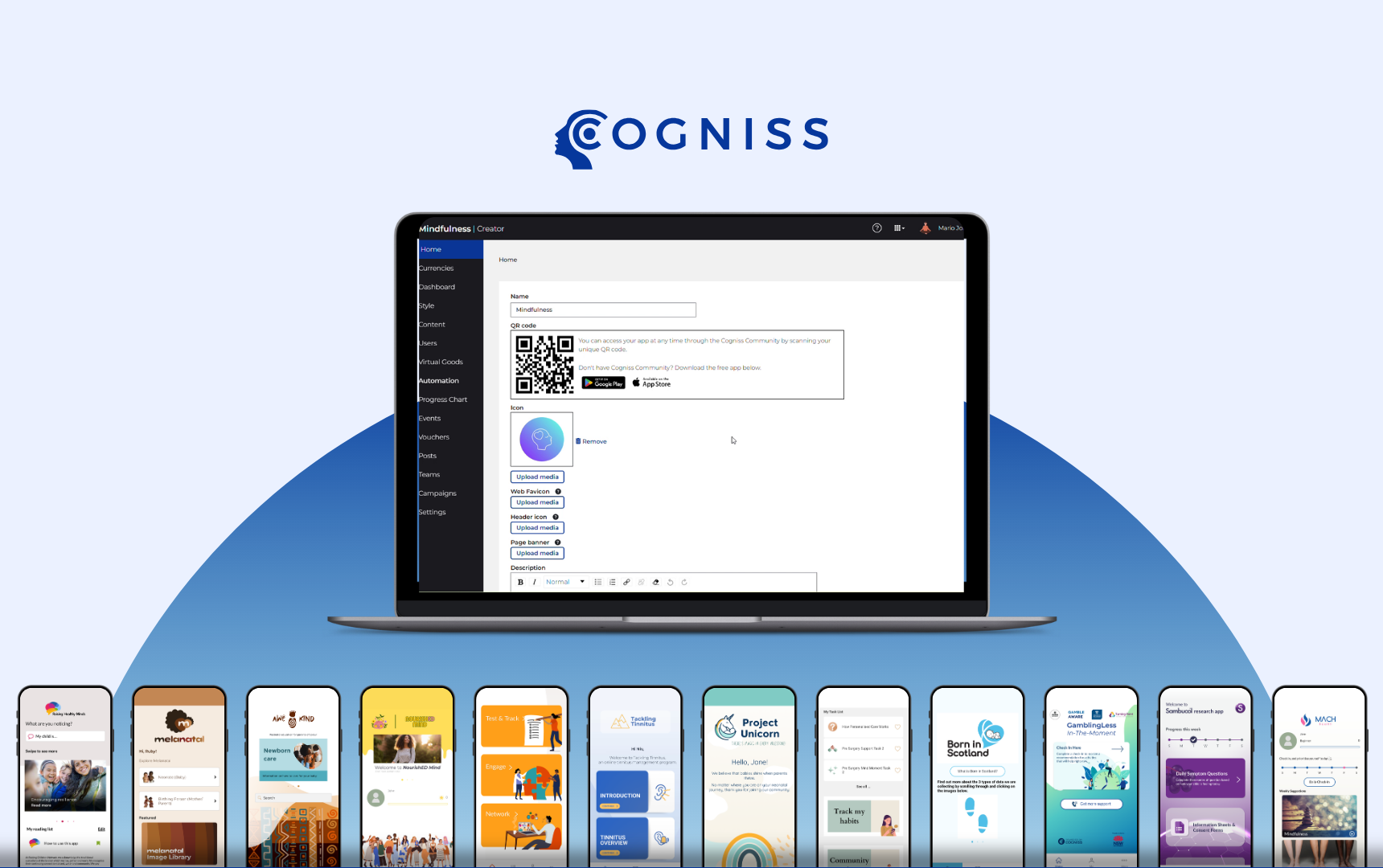 Laptop screen displaying a digital dashboard for a mindfulness app, with a blue and white color scheme, showing options such as home, currencies, dashboard, style, content, users, and more.