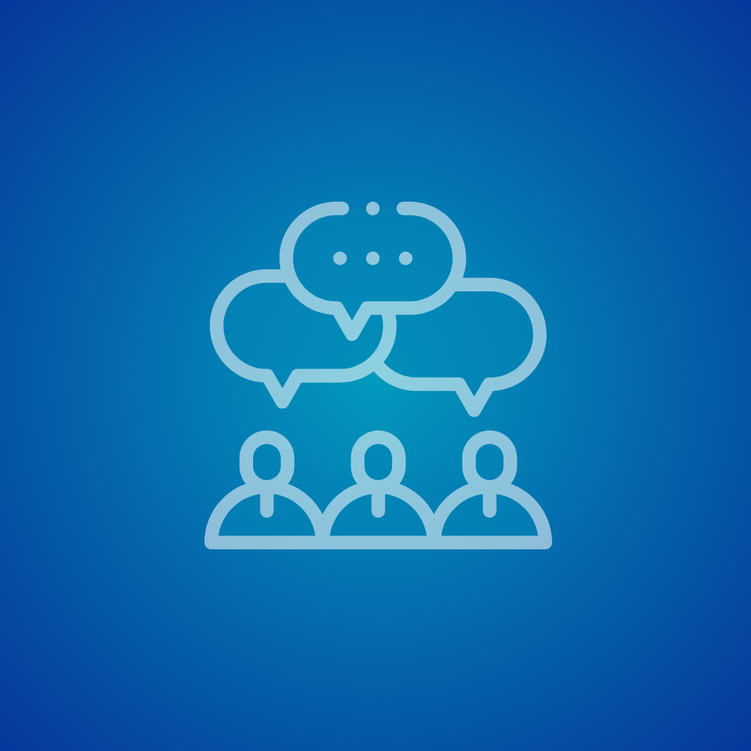Three people sitting in a row, with overlapping speech bubbles above them, indicating conversation or communication.