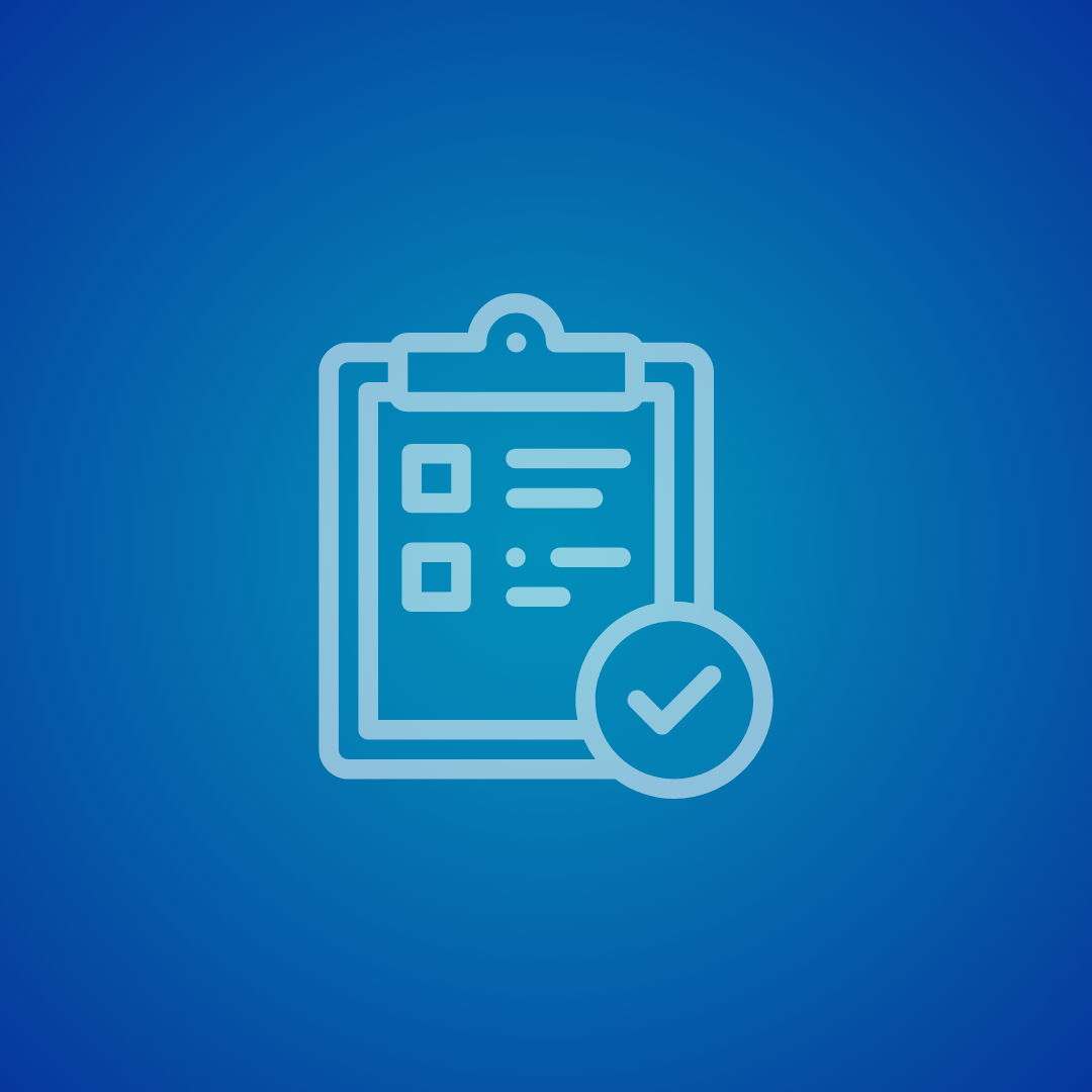 Icon of a clipboard with checkmarks and text, and a checkmark symbol indicating approval or completion.