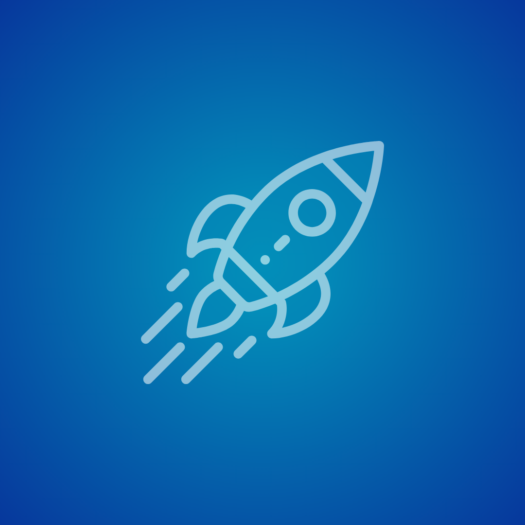 Line drawing of a rocket ship with smoke trails against a blue background.