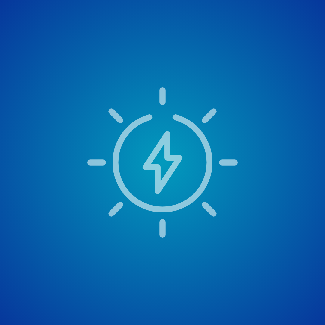 Light blue icon of a light bulb with a lightning bolt inside, set against a darker blue background.