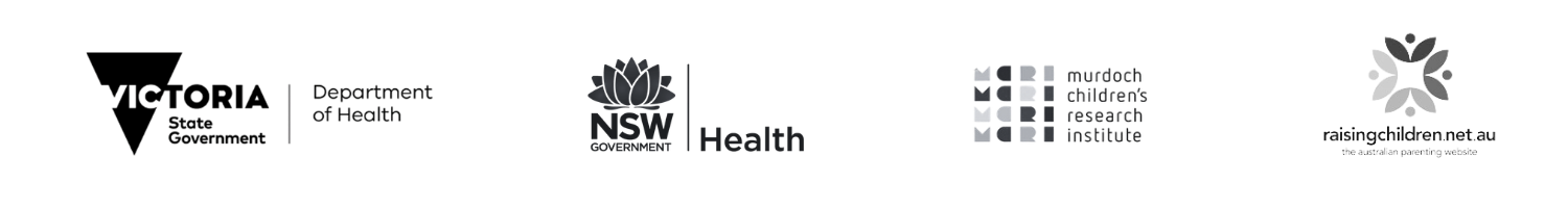 Logos of NSW Government, Department of Health, Raising Children Network, and the Early Childhood Research Institute.