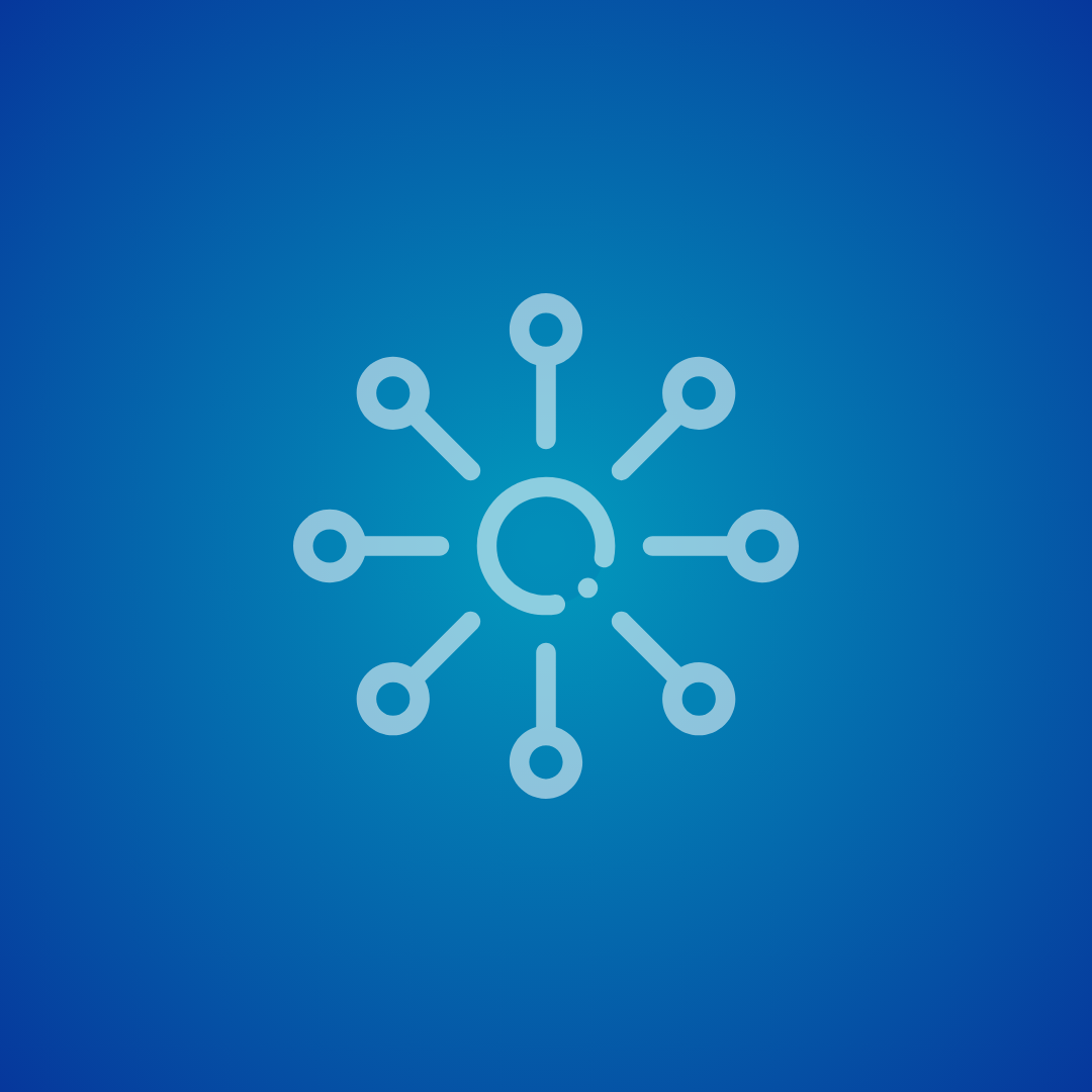 Icon of a central circle with multiple lines radiating outward, each ending in a smaller circle, representing a network or connection on a blue background.