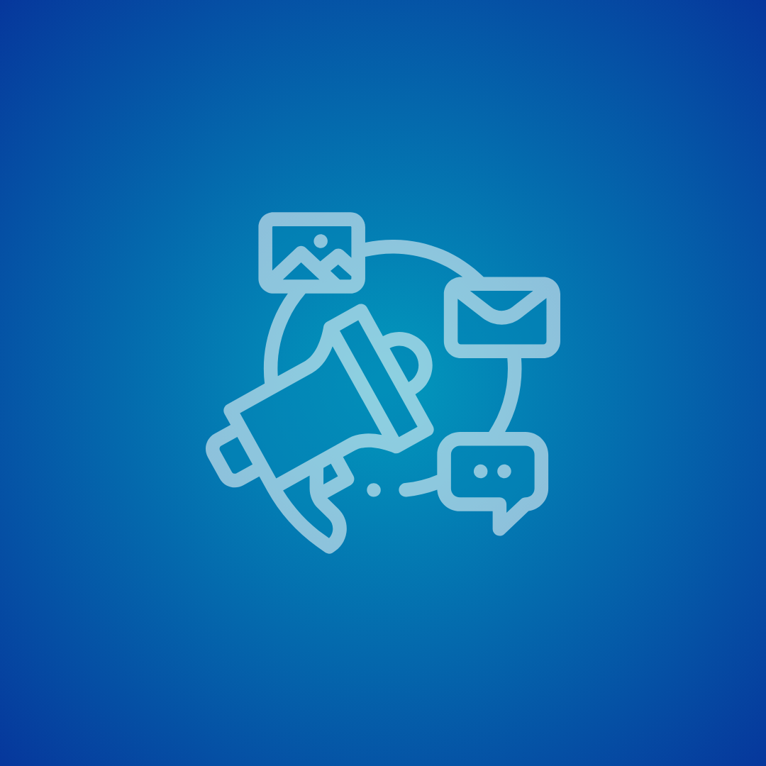 Icon representing communication, including a megaphone, image, envelope, and speech bubbles on a blue background.