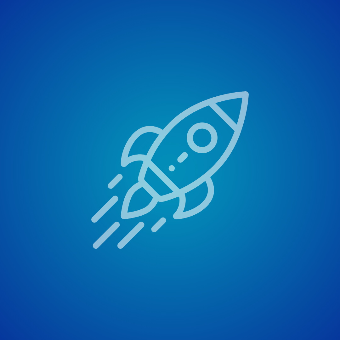 Line drawing of a rocket ship launching on a blue background.