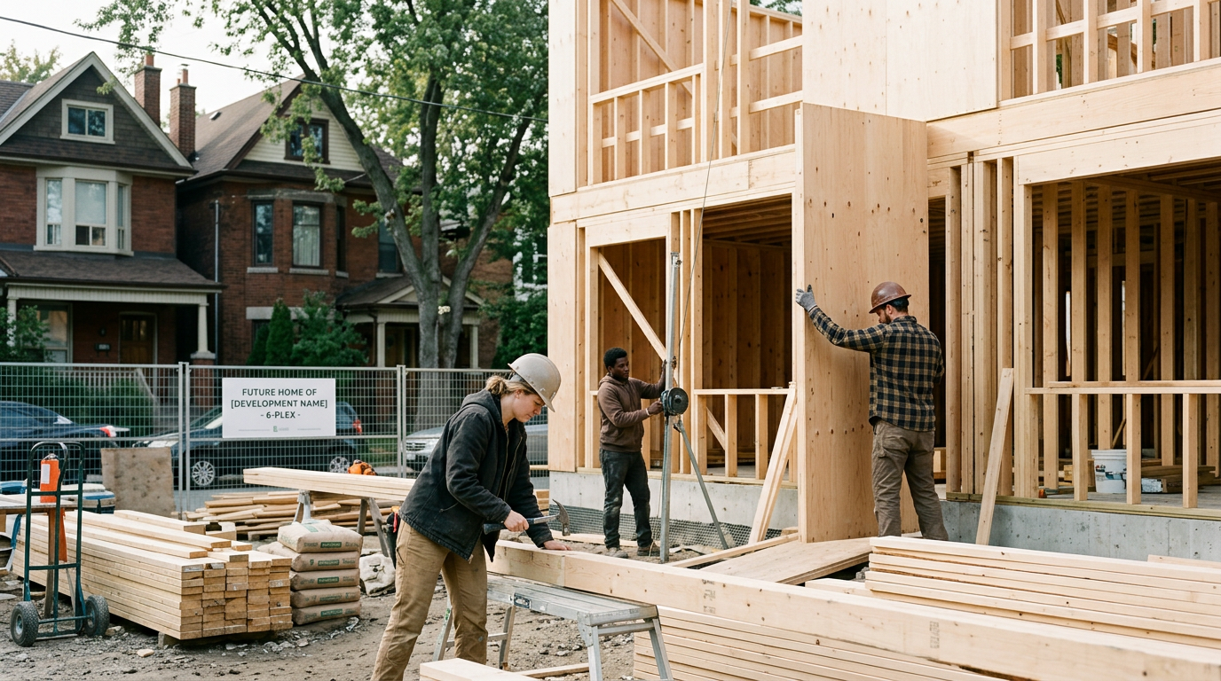 Three construction workers building a wooden frame house on a construction site. Wood beams and planks are visible, with some stacked nearby. In the background, there are residential houses, trees, and a fence with a sign that reads 'Future home of [Development Name] - 6-PLEX'.