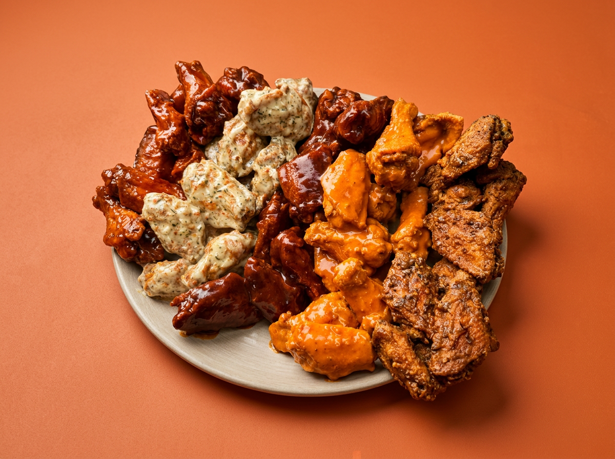 A plate of various types of flavored chicken wings on an orange background.