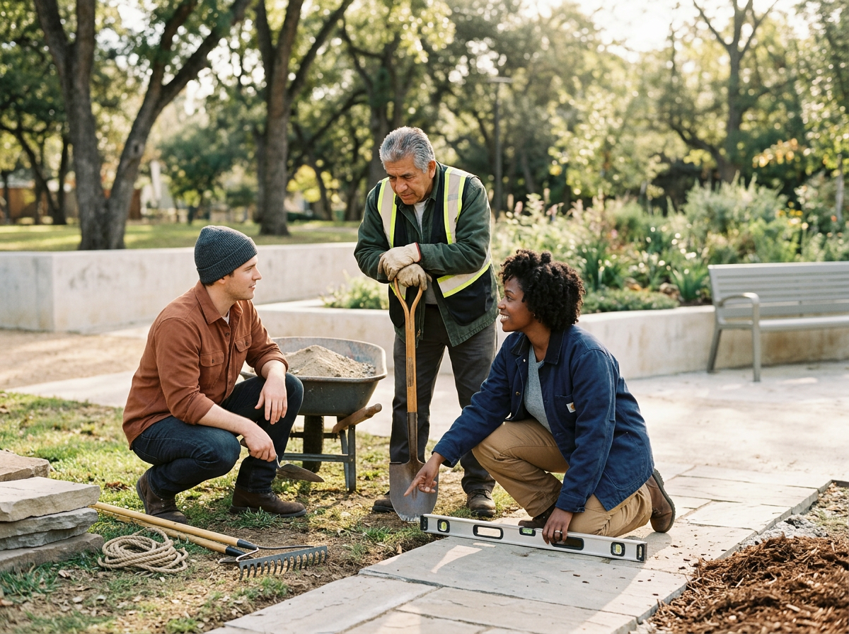 Three people working on a sidewalk project outside in a park with trees and flowers. One person is kneeling with a level, another is squatting with a shovel, and the third person is sitting on a small stool, wearing a jacket and gloves, supervising the work.