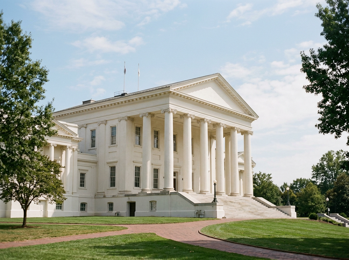 A white, neoclassical building with large columns, stairs, and a triangular pediment, surrounded by grass, trees, and a paved walkway under a partly cloudy sky.