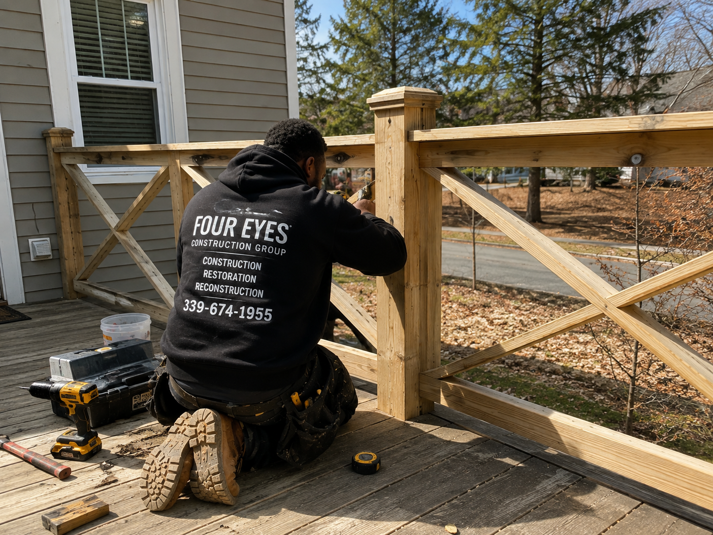A man kneels on a wooden deck, working on a wooden railing. He is wearing a black hoodie with white text on the back, construction tools and materials are nearby, and a house with siding and a window is visible in the background, along with trees and a street.