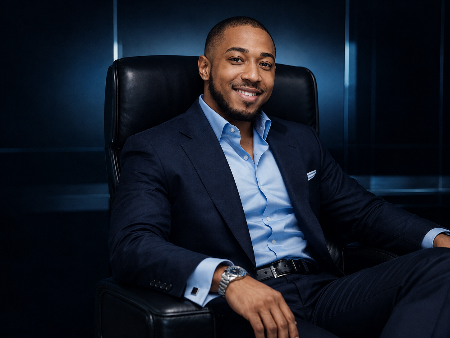 A confident man in a navy suit and light blue shirt sitting in a black leather office chair, smiling in a modern office setting.