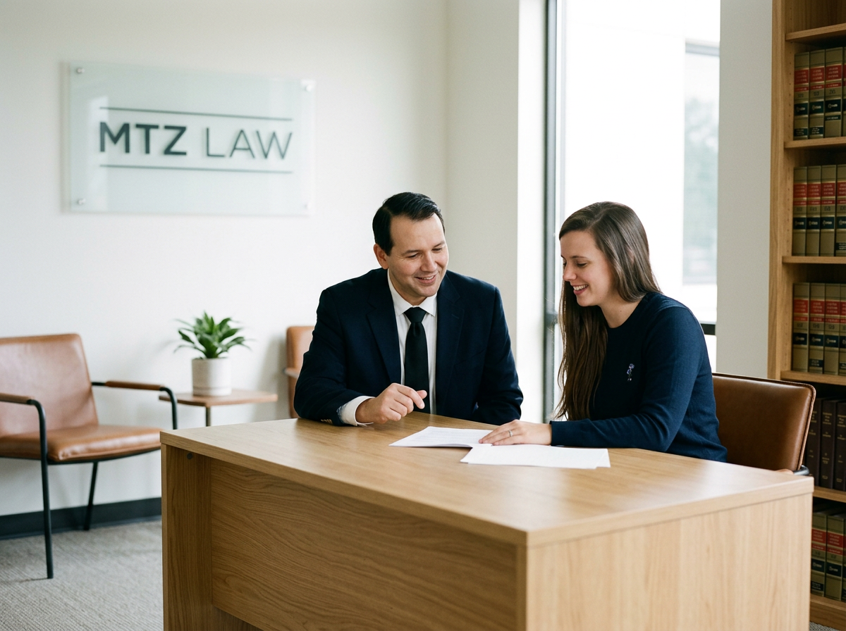 A lawyer in a dark suit and a woman in a dark sweater sitting at a wooden table in a law office, reviewing documents together and smiling.