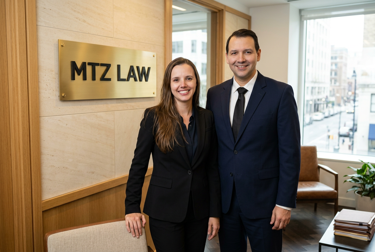 A man and woman in formal business attire standing together inside an office near a sign that reads 'MTZ LAW'. They are smiling and appear professional, with large windows showing a city street outside.