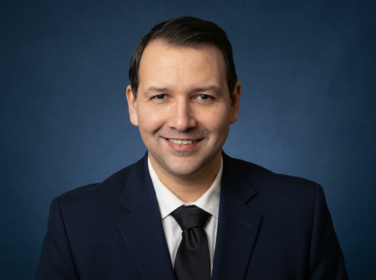 A professional portrait of a man in a black suit, white shirt, and black tie, smiling against a blue background. Gery Martinez. Gerardo Martinez