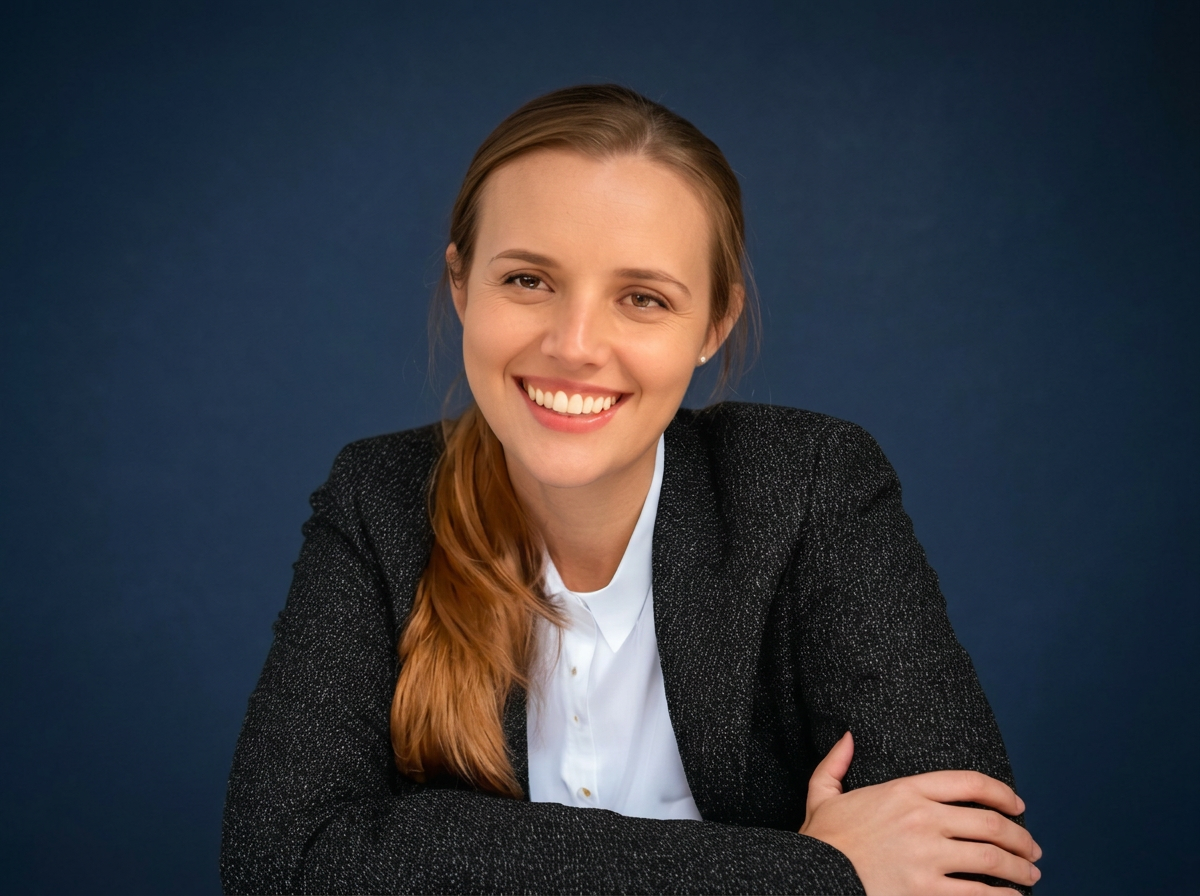 A young woman with long red hair smiling and sitting with arms crossed, wearing a black blazer and white shirt against a dark blue background.