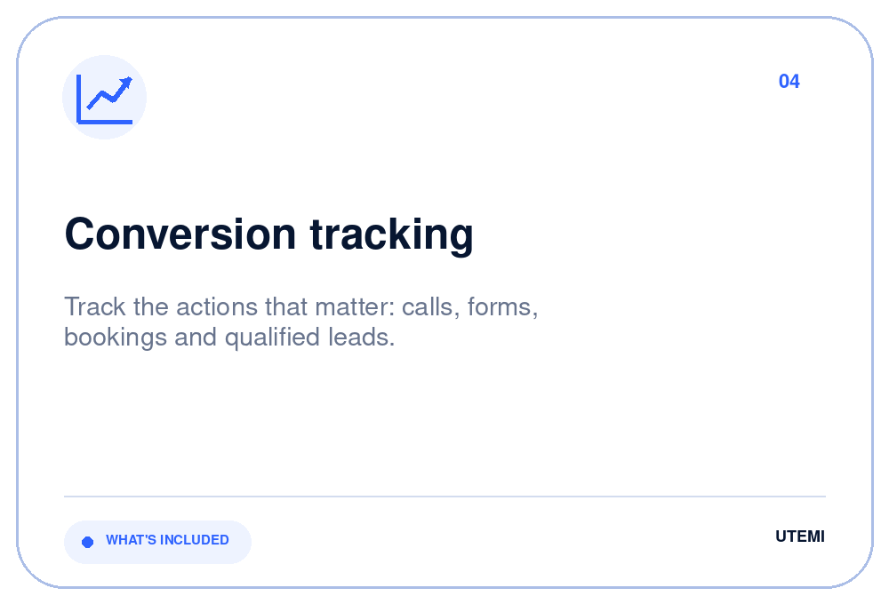 Screenshot of a presentation slide about conversion tracking, featuring a blue arrow icon, with the title 'Conversion tracking' and a subtitle about tracking actions like calls, forms, bookings, and qualified leads.