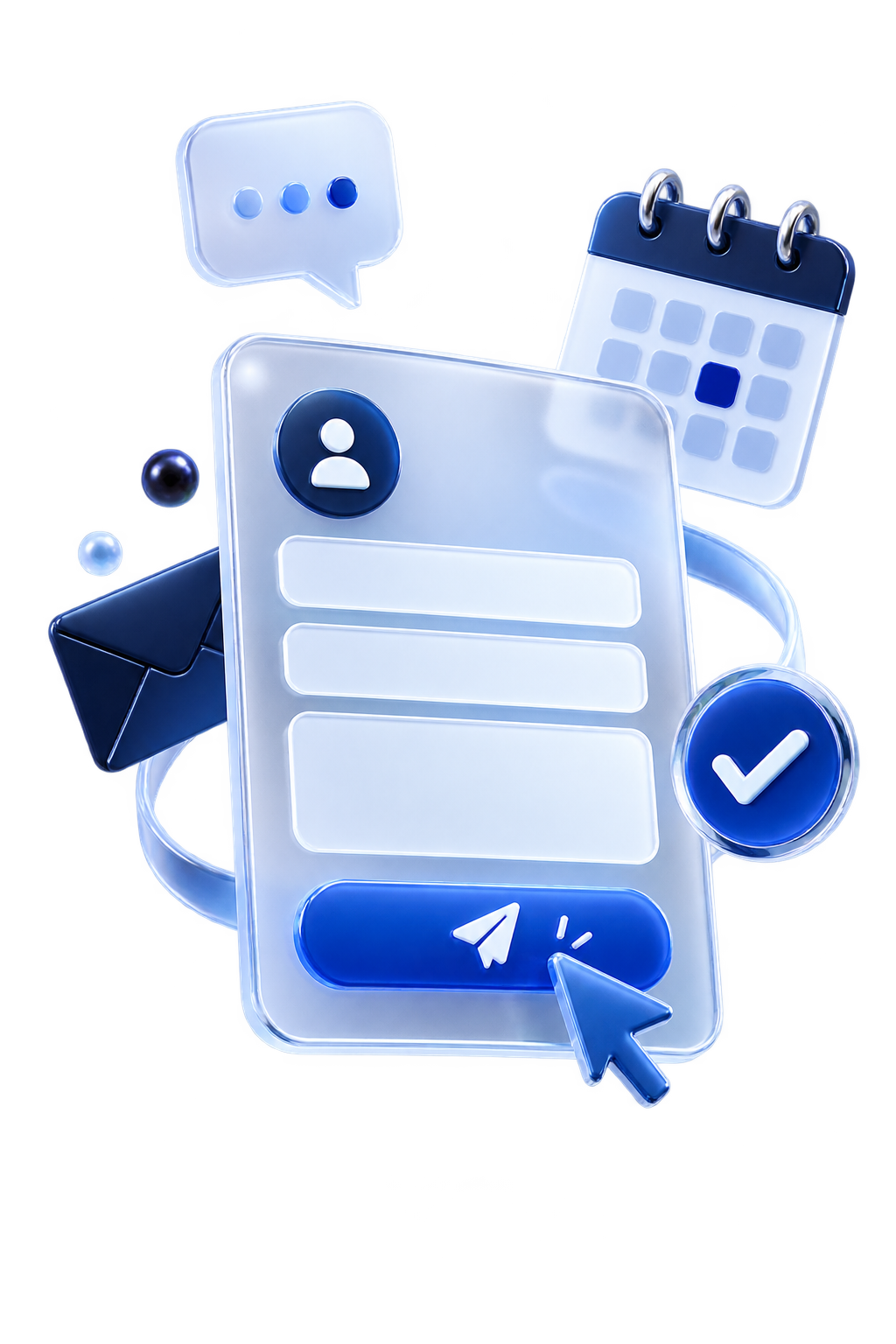 A digital illustration of a social media notification and messaging interface with icons of a chat bubble, calendar, user profile, email, checkmark, and a typing cursor.