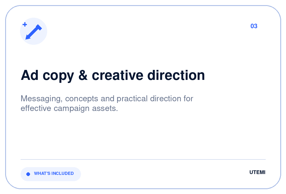 Slide titled 'Ad copy & creative direction' with a subtitle about messaging and campaign assets, with a blue icon of a pencil in a plus sign at the top left corner.